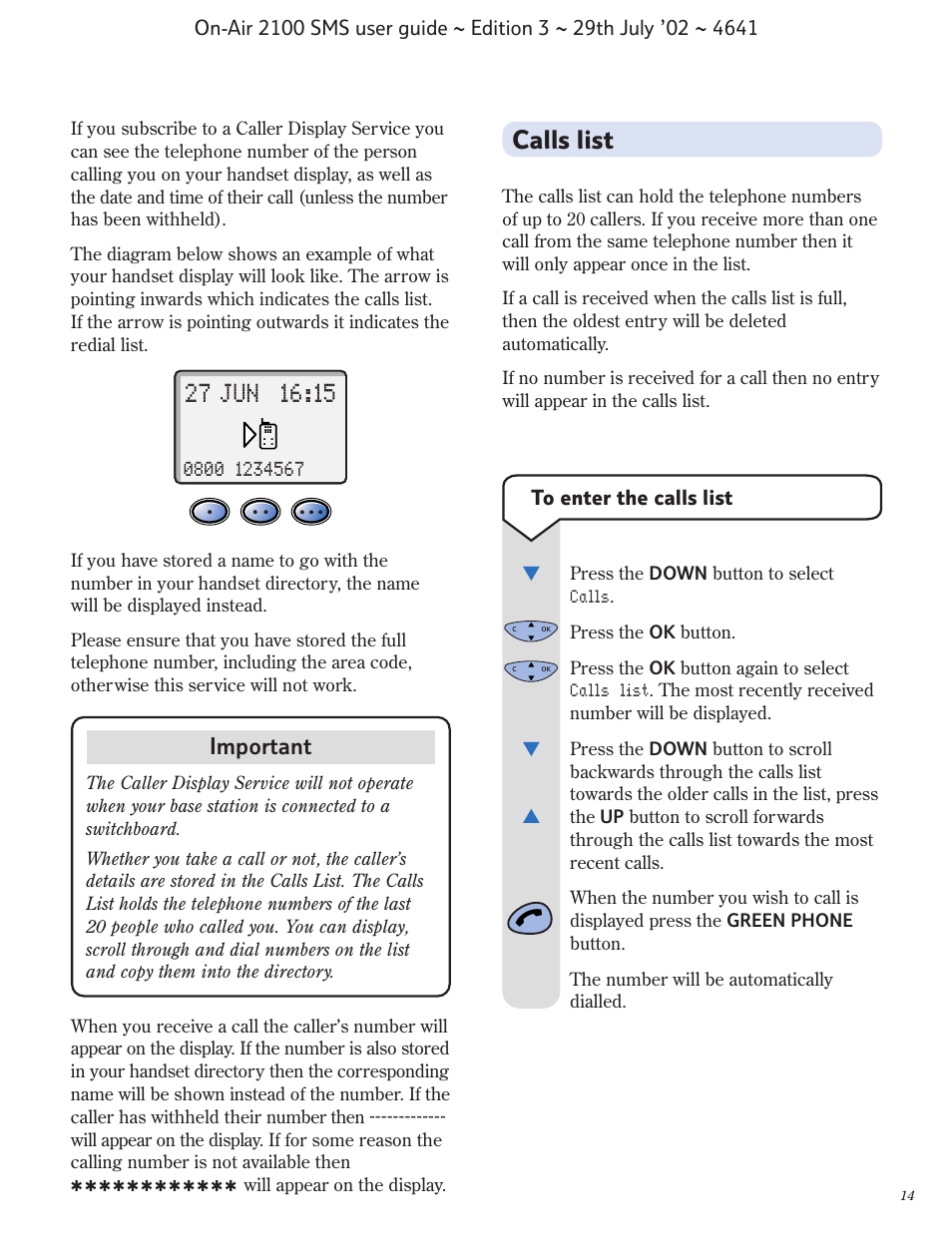 Calls list, Important | BT Relate SMS User Manual | Page 15 / 35