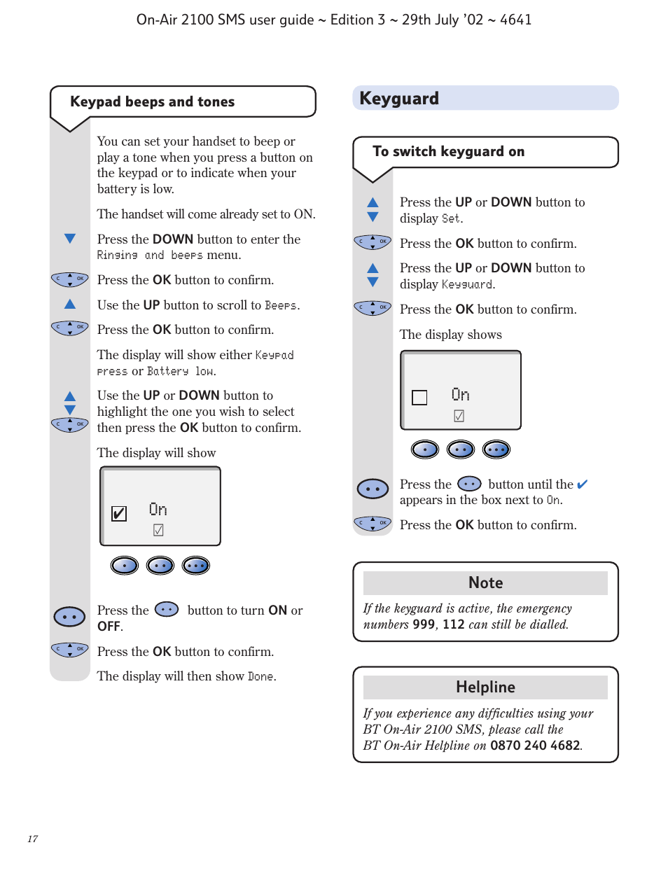 Keyguard, Helpline, Keypad beeps and tones | BT Relate SMS User Manual | Page 18 / 35