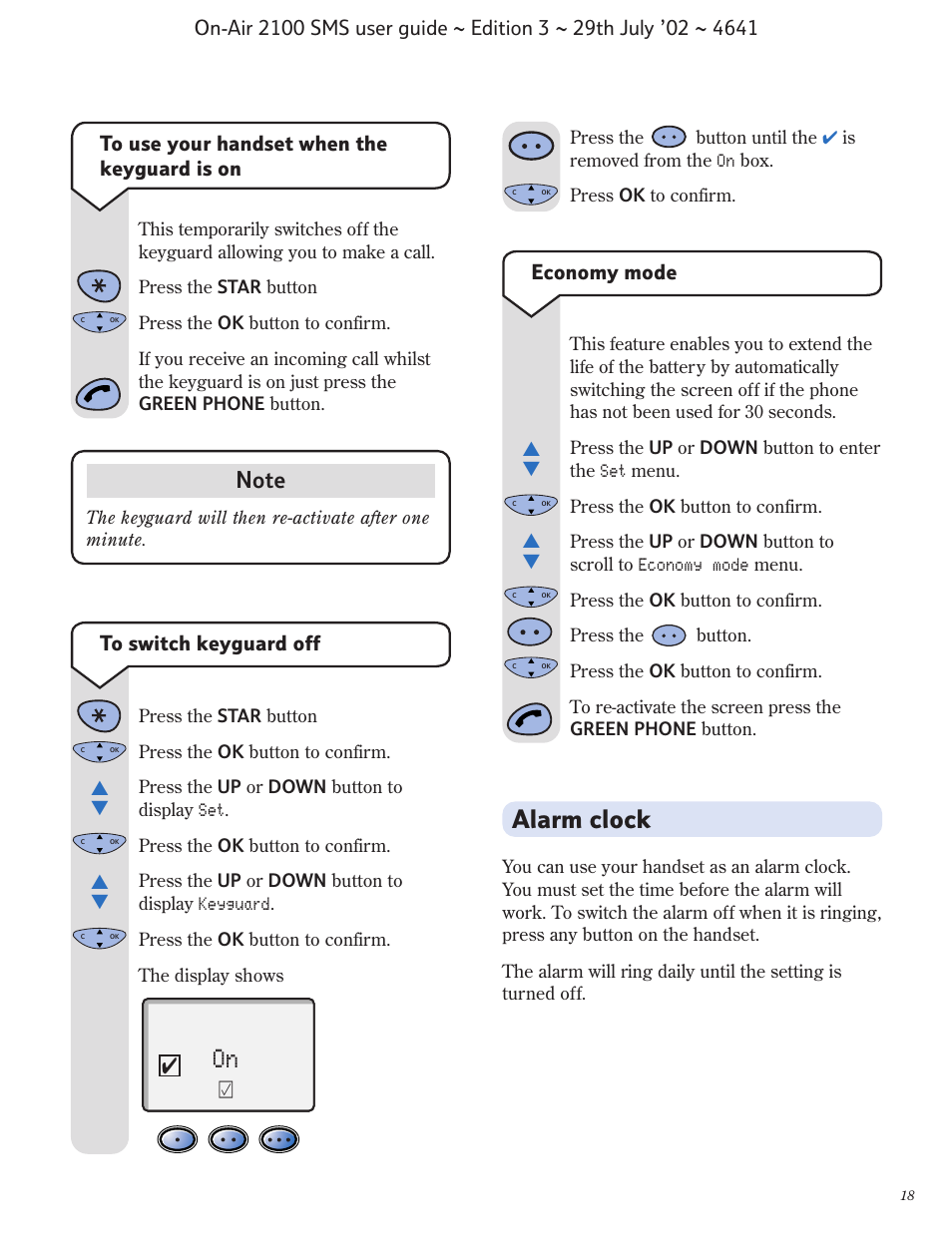 Alarm clock, Economy mode | BT Relate SMS User Manual | Page 19 / 35