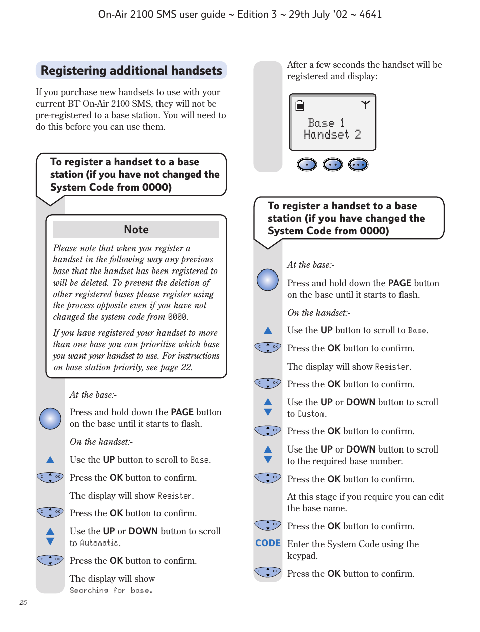 Base 1 handset 2, Registering additional handsets | BT Relate SMS User Manual | Page 26 / 35