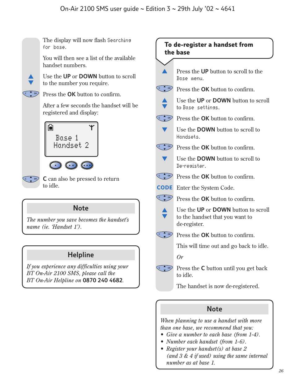 Base 1 handset 2, Helpline | BT Relate SMS User Manual | Page 27 / 35