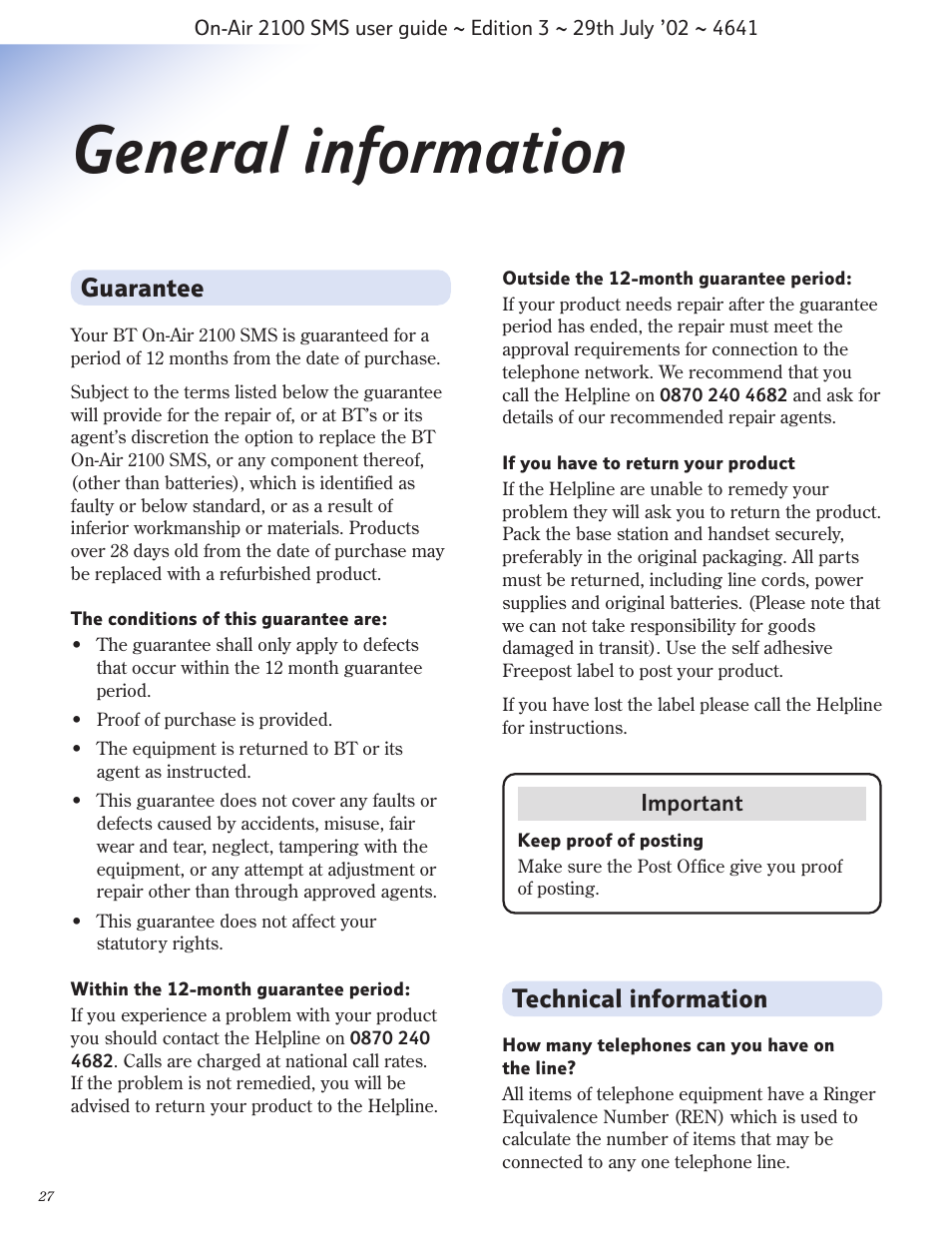 General information, Guarantee, Technical information | BT Relate SMS User Manual | Page 28 / 35