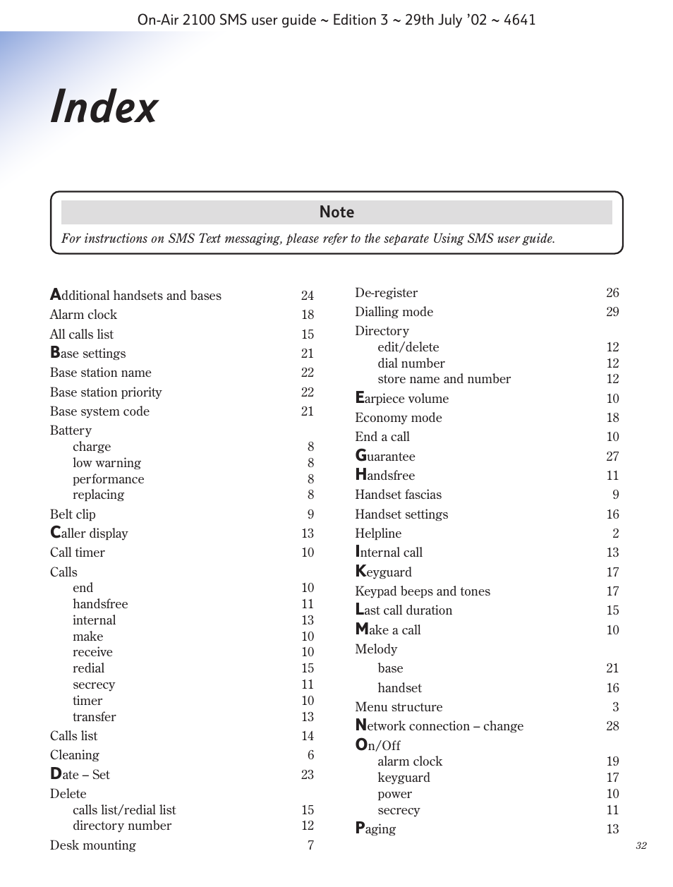 Index | BT Relate SMS User Manual | Page 33 / 35