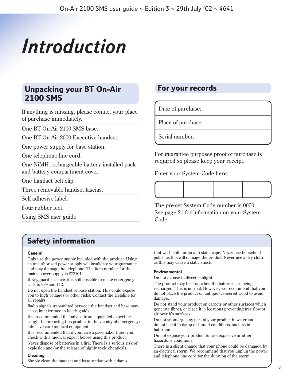 Introduction, For your records, Unpacking your bt on-air 2100 sms | Safety information | BT Relate SMS User Manual | Page 7 / 35