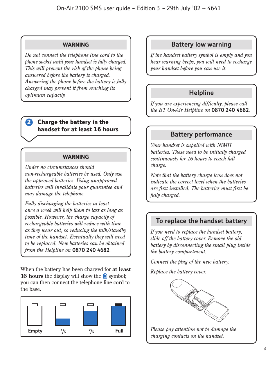 Battery performance, Battery low warning, Helpline | BT Relate SMS User Manual | Page 9 / 35