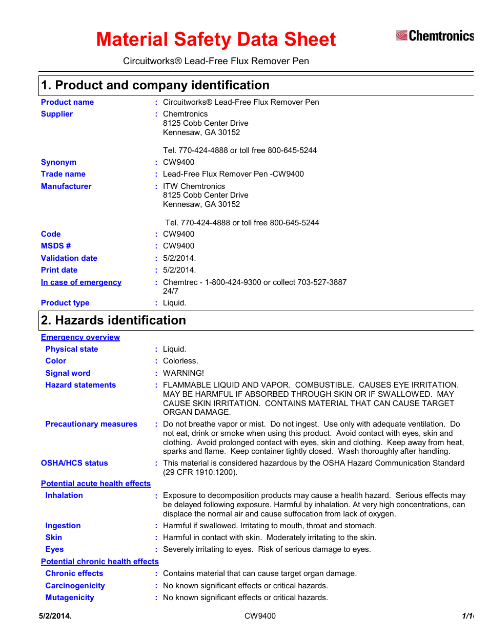Chemtronics CircuitWorks® Lead-Free Flux Remover Pen CW9400 User Manual | 10 pages
