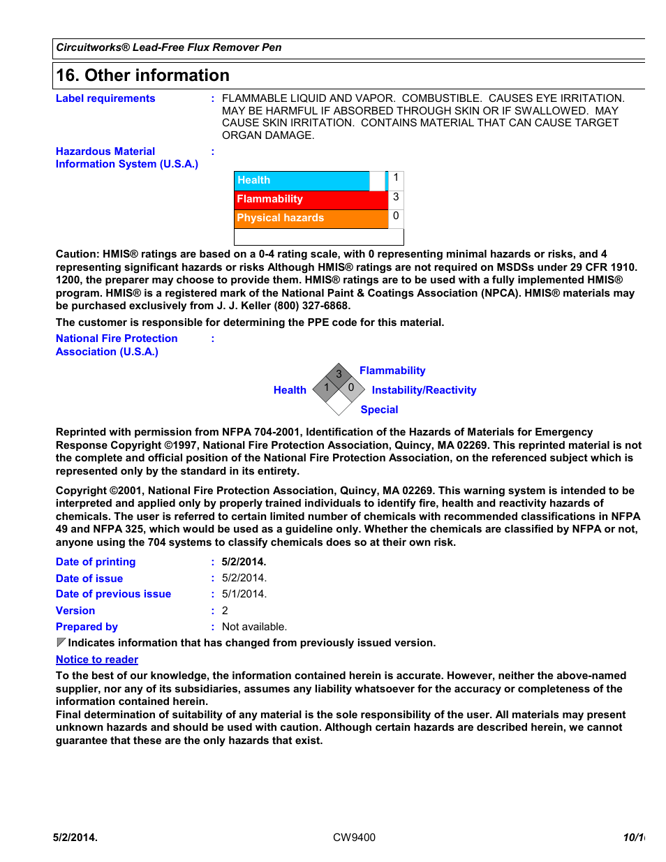 Other information | Chemtronics CircuitWorks® Lead-Free Flux Remover Pen CW9400 User Manual | Page 10 / 10