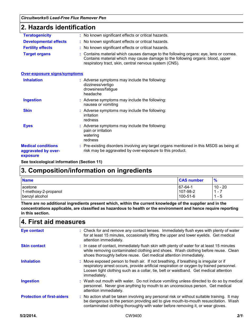Hazards identification, Composition/information on ingredients, First aid measures | Chemtronics CircuitWorks® Lead-Free Flux Remover Pen CW9400 User Manual | Page 2 / 10