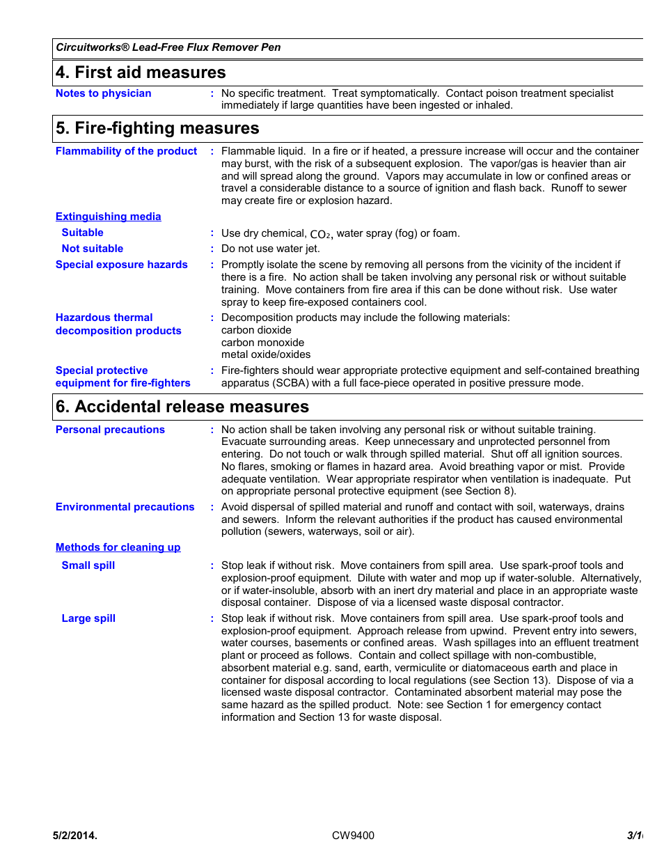 First aid measures, Fire-fighting measures, Accidental release measures | Chemtronics CircuitWorks® Lead-Free Flux Remover Pen CW9400 User Manual | Page 3 / 10