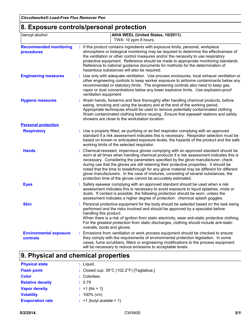 Exposure controls/personal protection, Physical and chemical properties | Chemtronics CircuitWorks® Lead-Free Flux Remover Pen CW9400 User Manual | Page 5 / 10