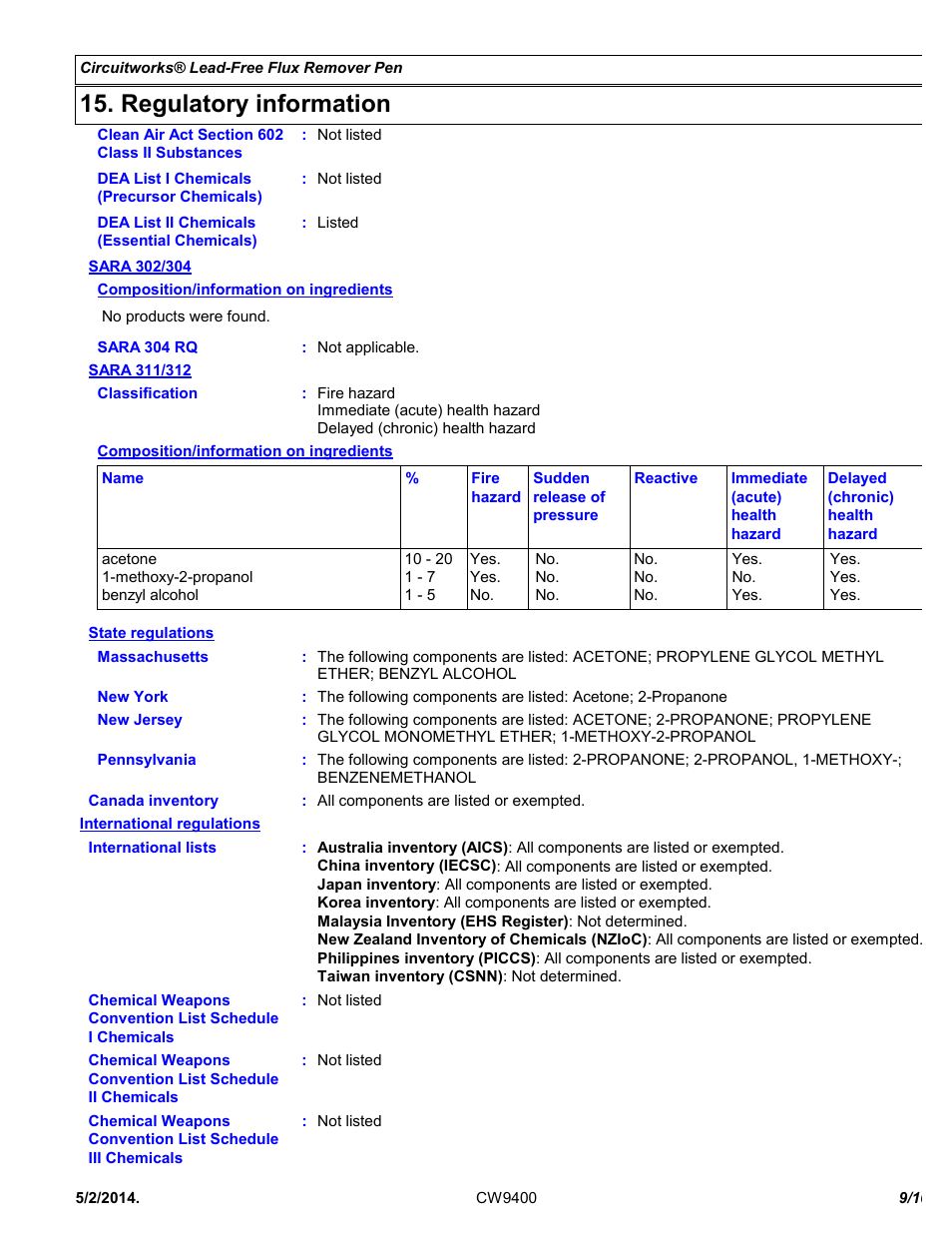 Regulatory information | Chemtronics CircuitWorks® Lead-Free Flux Remover Pen CW9400 User Manual | Page 9 / 10