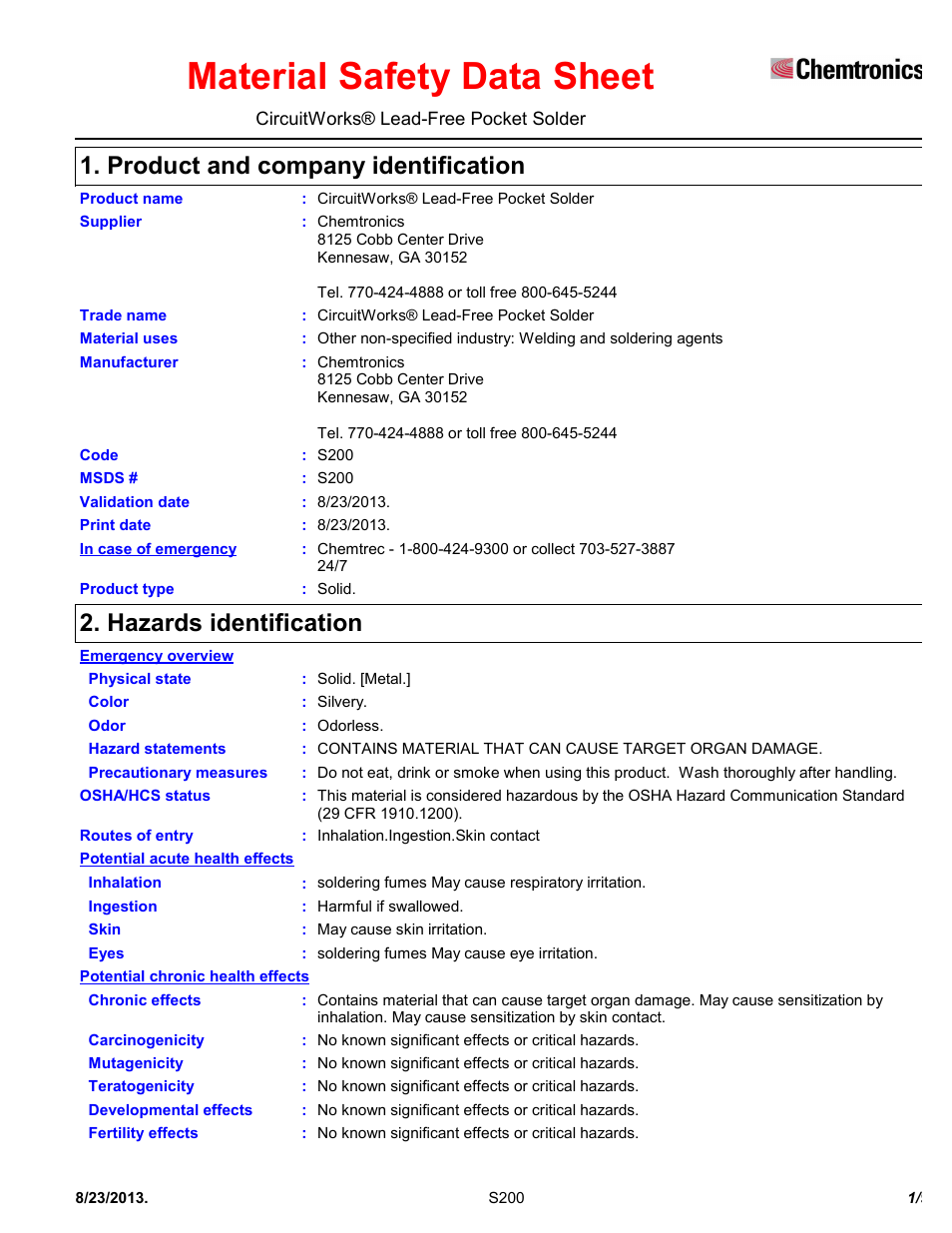 Chemtronics CircuitWorks® Lead-Free Pocket Solder S200 User Manual | 9 pages