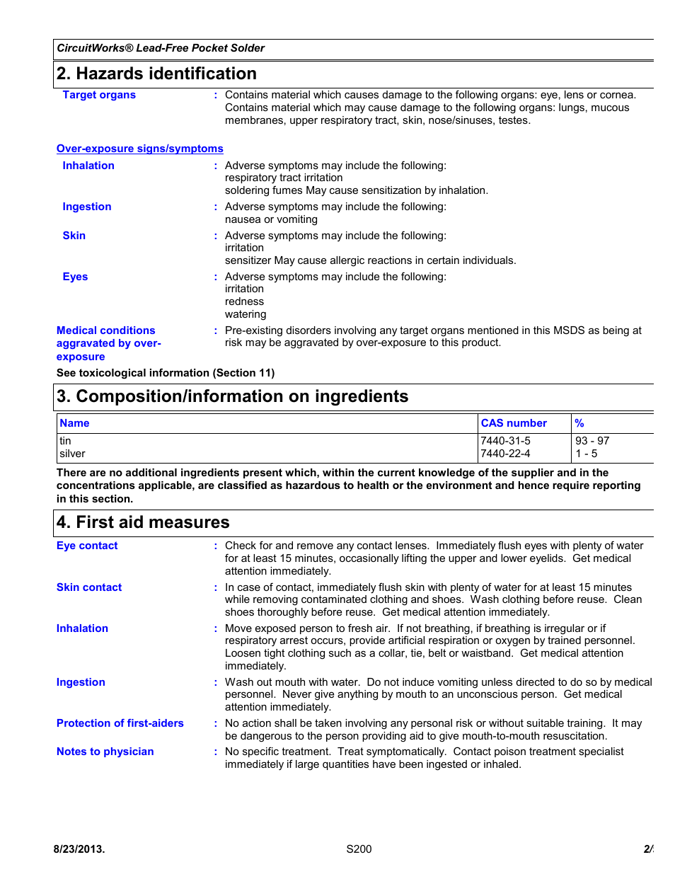 Hazards identification, Composition/information on ingredients, First aid measures | Chemtronics CircuitWorks® Lead-Free Pocket Solder S200 User Manual | Page 2 / 9