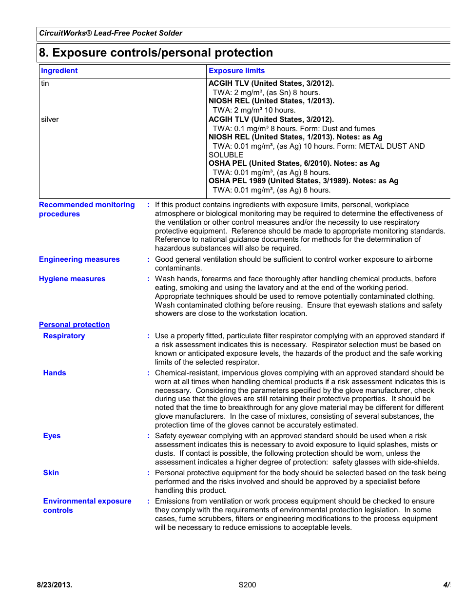 Exposure controls/personal protection | Chemtronics CircuitWorks® Lead-Free Pocket Solder S200 User Manual | Page 4 / 9