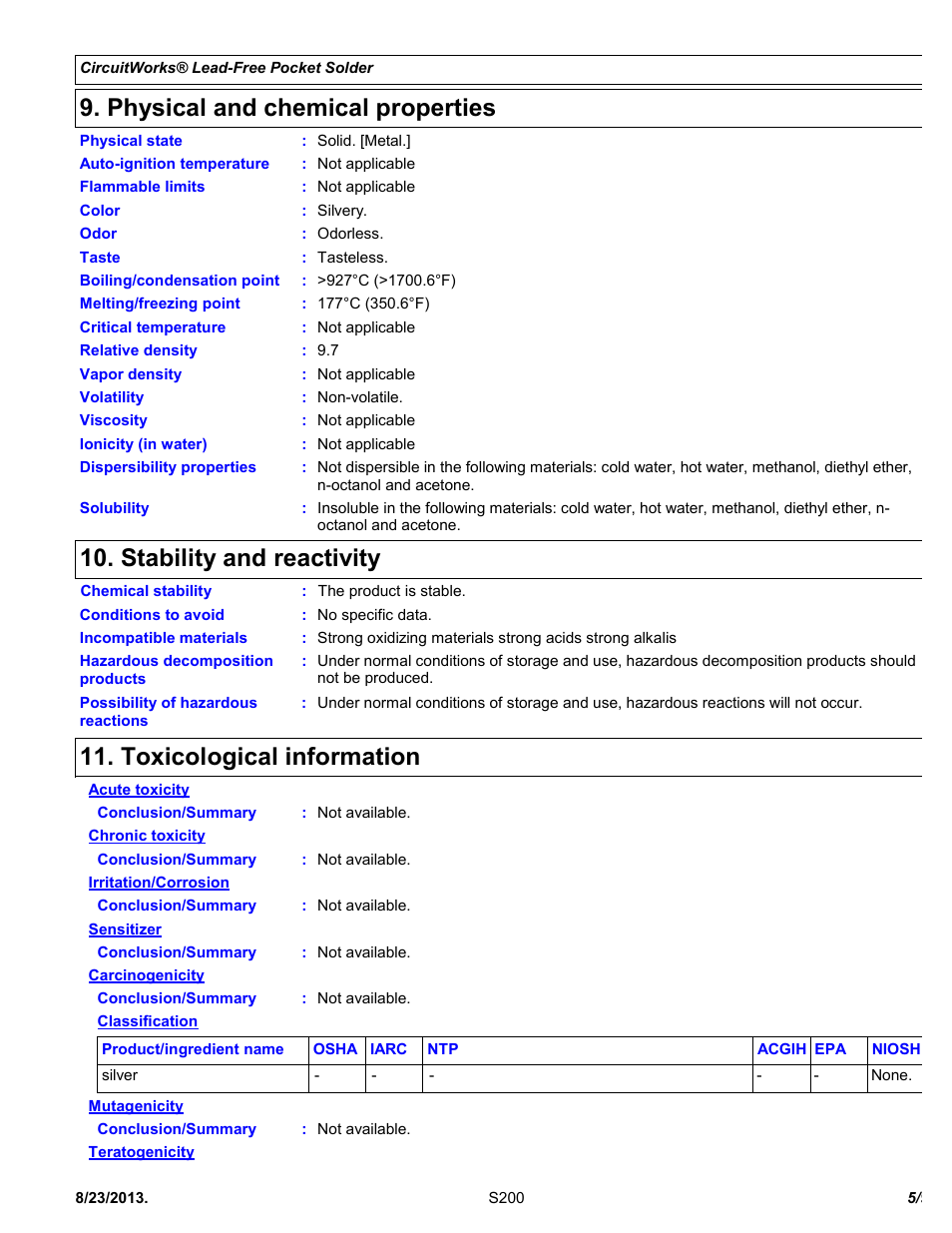 Physical and chemical properties, Stability and reactivity, Toxicological information | Chemtronics CircuitWorks® Lead-Free Pocket Solder S200 User Manual | Page 5 / 9