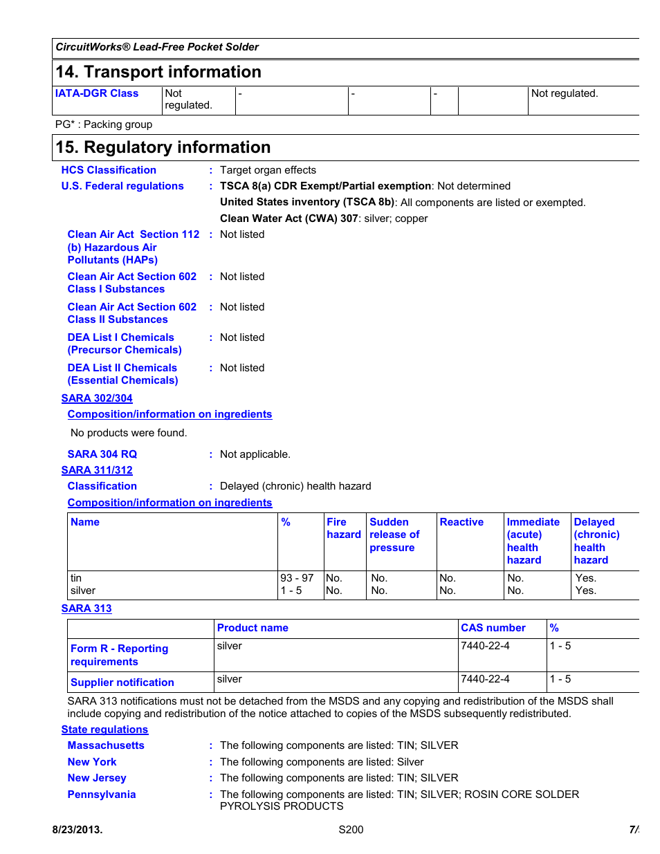 Transport information, Regulatory information | Chemtronics CircuitWorks® Lead-Free Pocket Solder S200 User Manual | Page 7 / 9