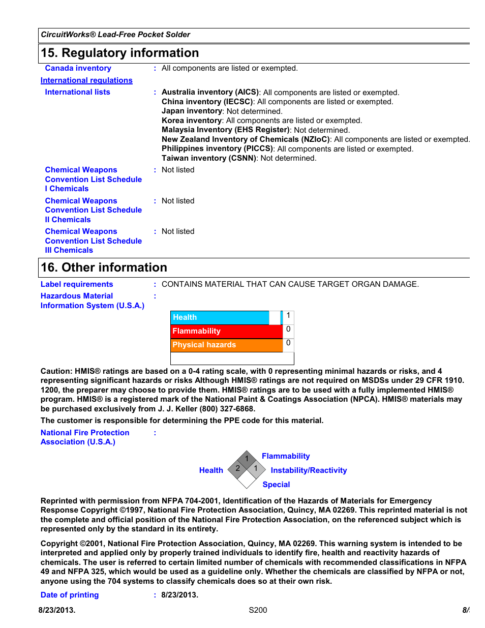 Regulatory information, Other information | Chemtronics CircuitWorks® Lead-Free Pocket Solder S200 User Manual | Page 8 / 9