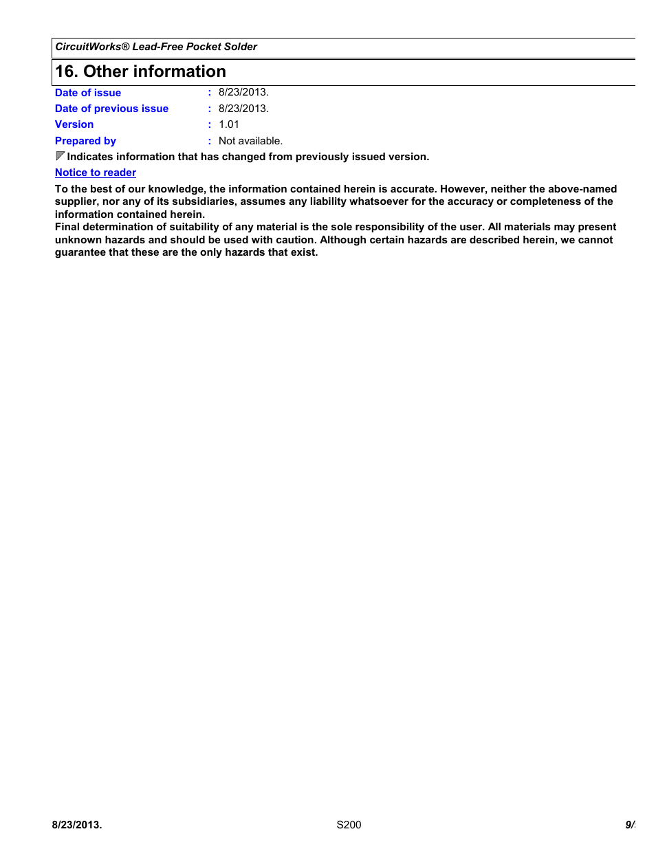 Other information | Chemtronics CircuitWorks® Lead-Free Pocket Solder S200 User Manual | Page 9 / 9