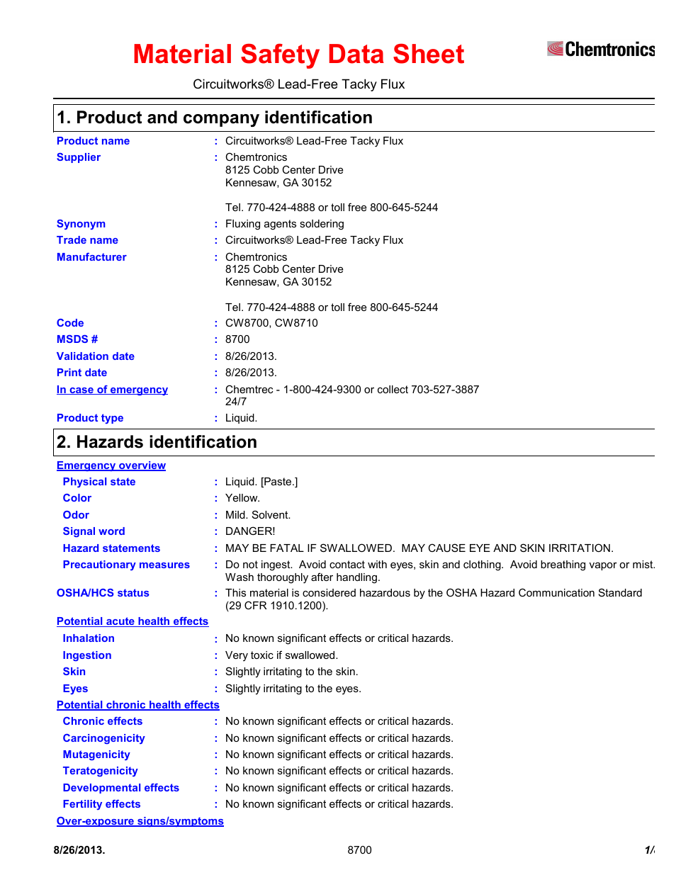 Chemtronics CircuitWorks® Lead-Free Tacky Flux CW8700 User Manual | 8 pages