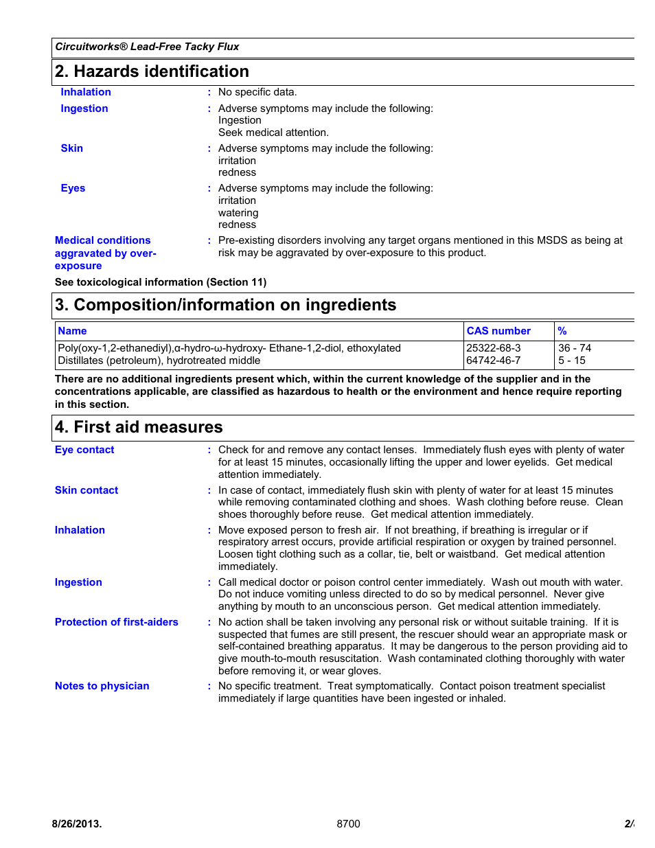 Hazards identification, Composition/information on ingredients, First aid measures | Chemtronics CircuitWorks® Lead-Free Tacky Flux CW8700 User Manual | Page 2 / 8