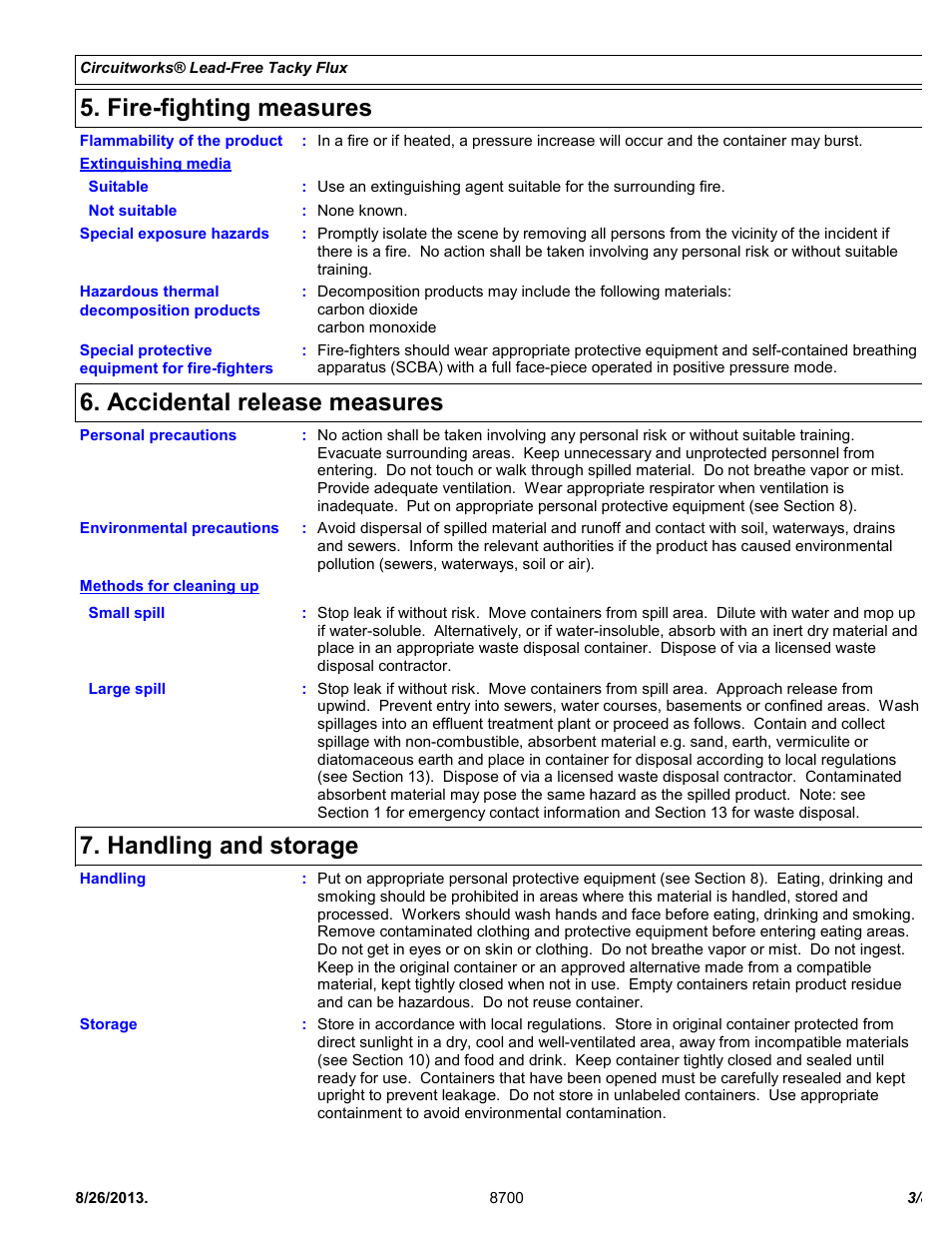 Fire-fighting measures, Accidental release measures, Handling and storage | Chemtronics CircuitWorks® Lead-Free Tacky Flux CW8700 User Manual | Page 3 / 8