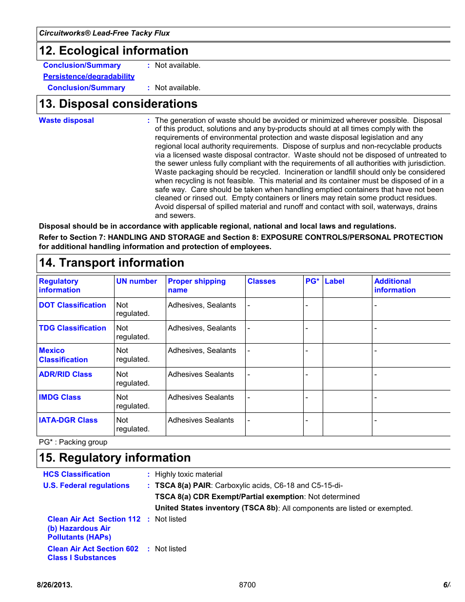 Ecological information, Disposal considerations, Transport information | Regulatory information | Chemtronics CircuitWorks® Lead-Free Tacky Flux CW8700 User Manual | Page 6 / 8