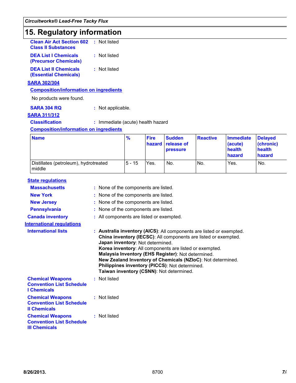 Regulatory information | Chemtronics CircuitWorks® Lead-Free Tacky Flux CW8700 User Manual | Page 7 / 8