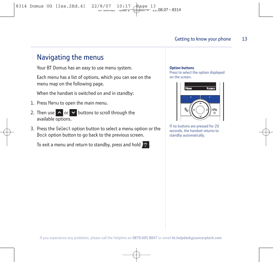 Navigating the menus | BT Domus User Manual | Page 13 / 72