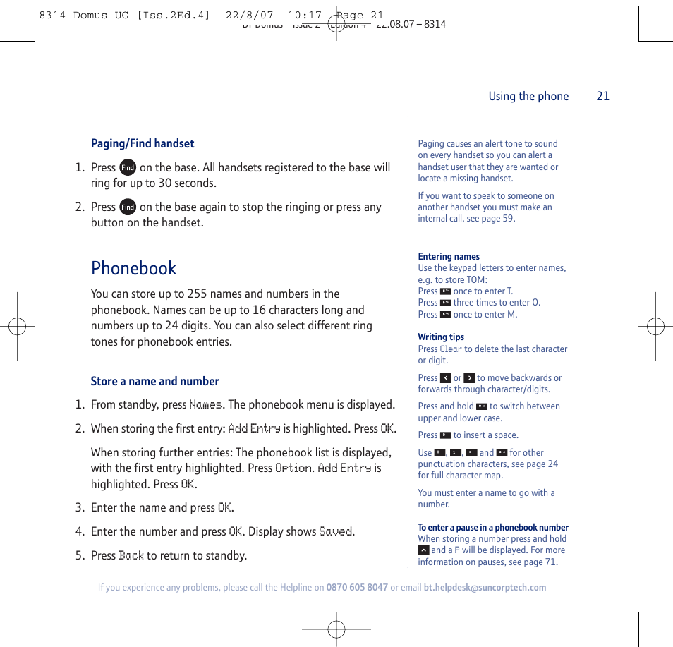 Phonebook | BT Domus User Manual | Page 21 / 72