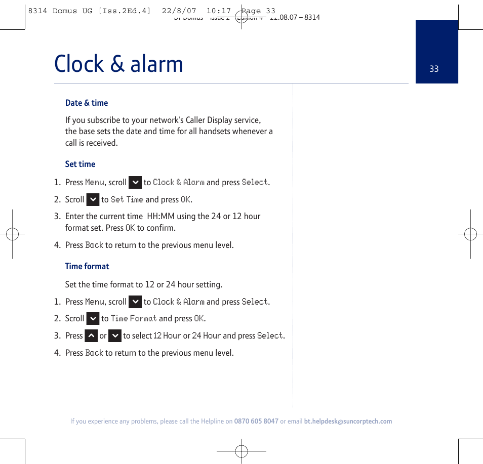Clock & alarm | BT Domus User Manual | Page 33 / 72