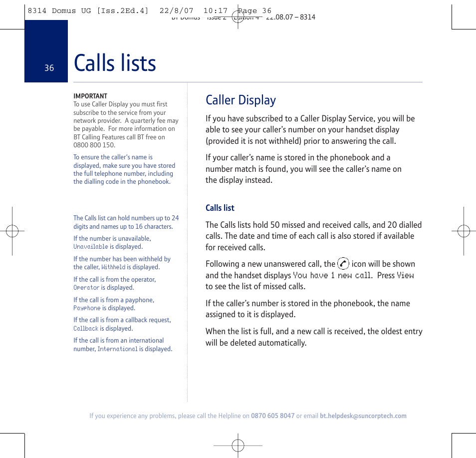 Calls lists, Caller display | BT Domus User Manual | Page 36 / 72