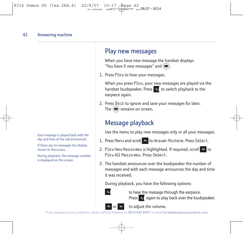 Play new messages, Message playback | BT Domus User Manual | Page 42 / 72