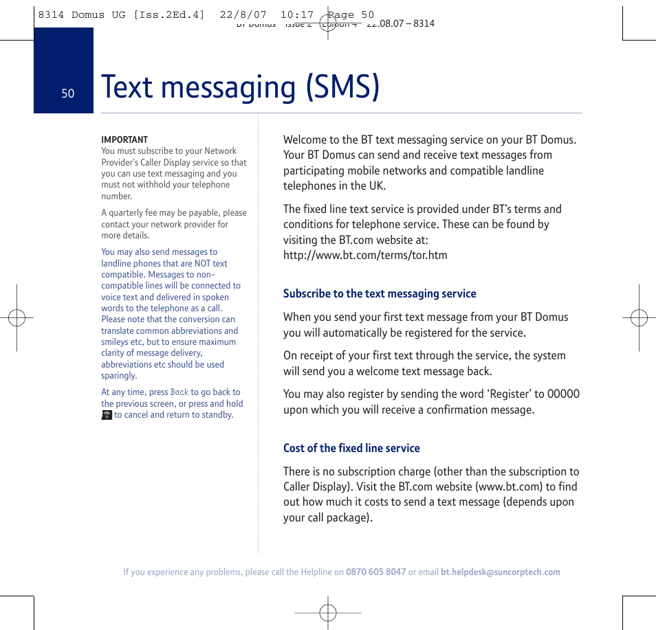 Text messaging (sms) | BT Domus User Manual | Page 50 / 72