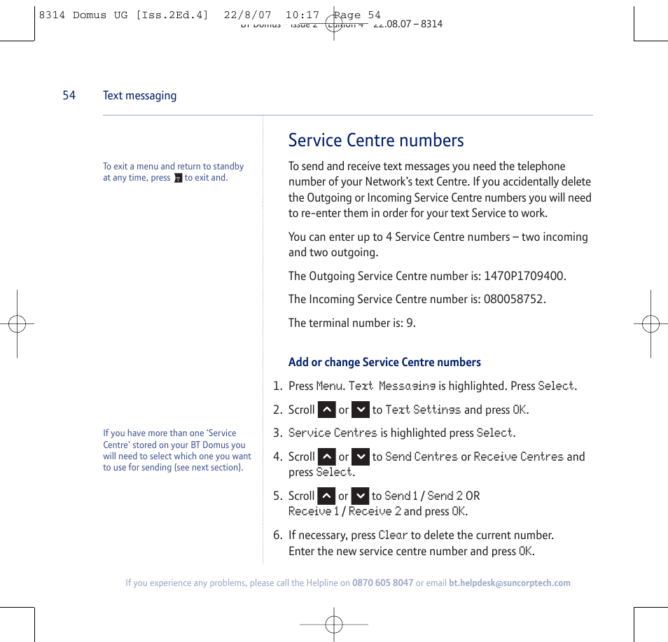 Service centre numbers | BT Domus User Manual | Page 54 / 72