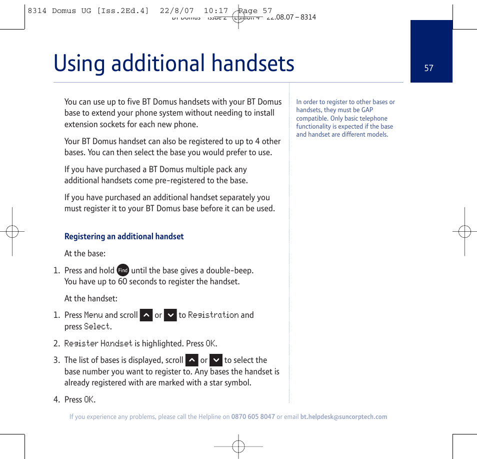 Using additional handsets | BT Domus User Manual | Page 57 / 72