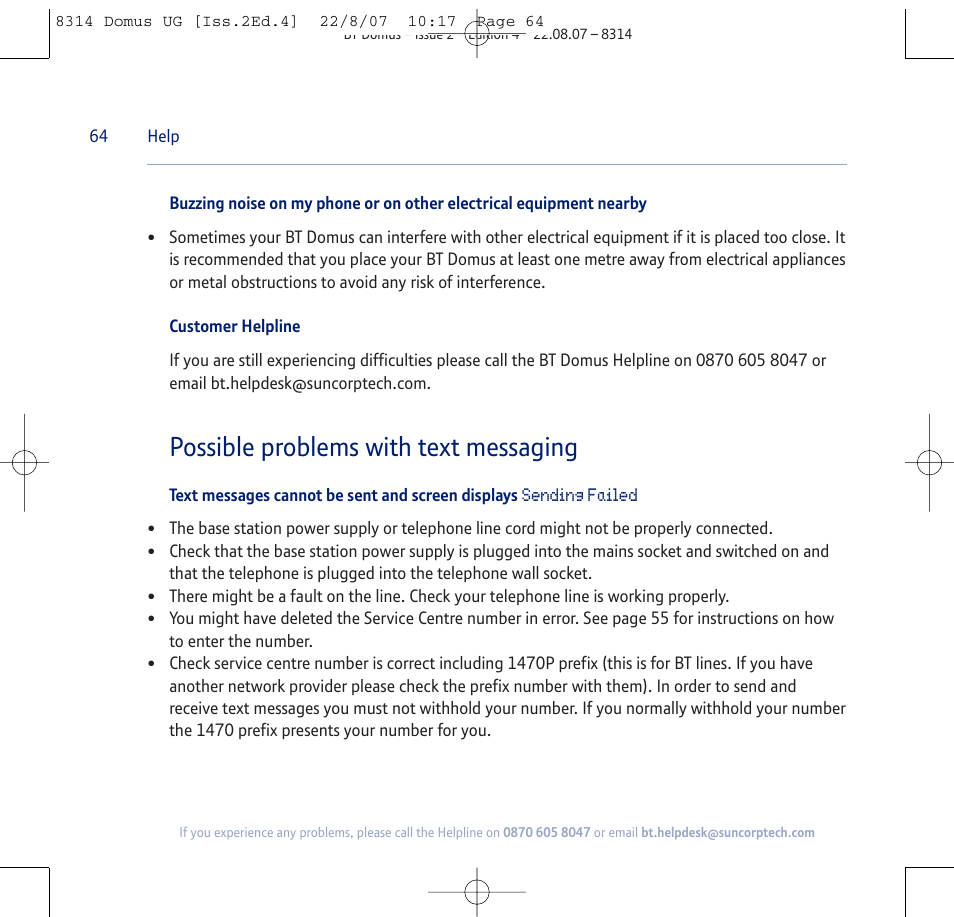 Possible problems with text messaging | BT Domus User Manual | Page 64 / 72