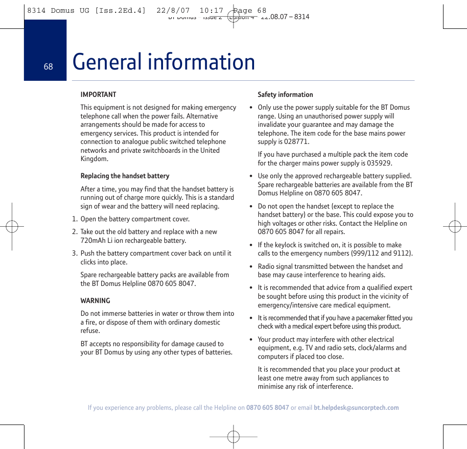 General information | BT Domus User Manual | Page 68 / 72