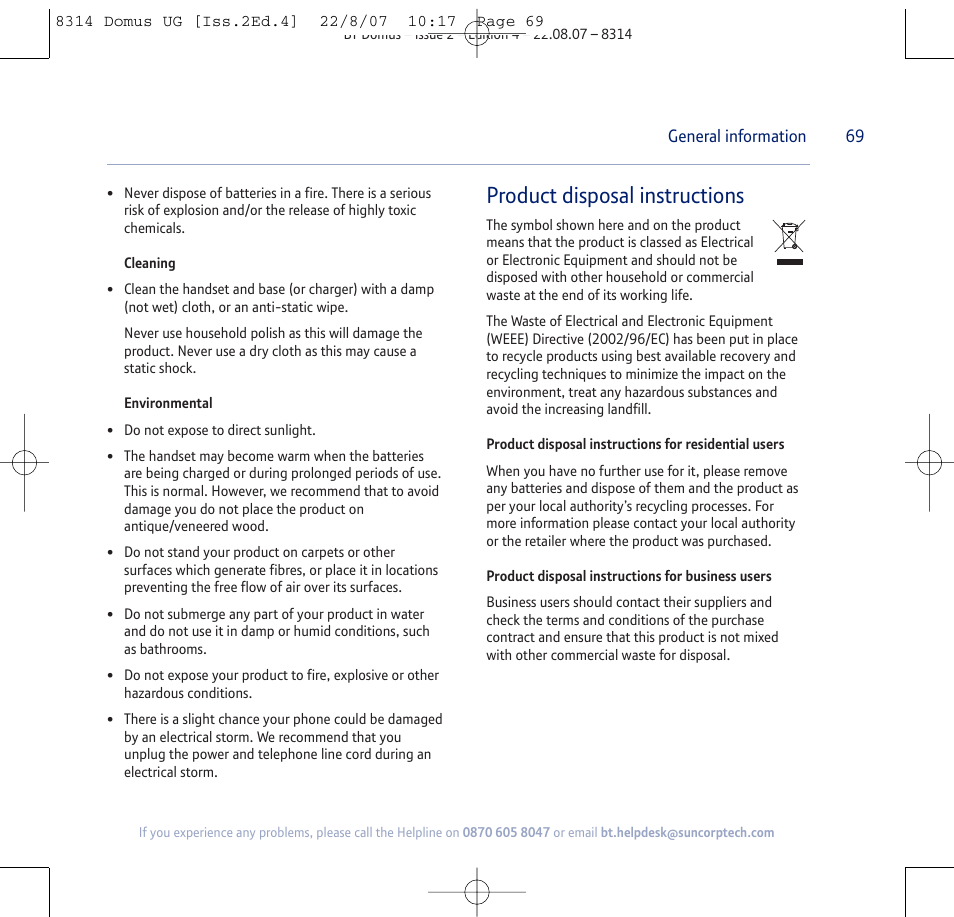 Product disposal instructions | BT Domus User Manual | Page 69 / 72