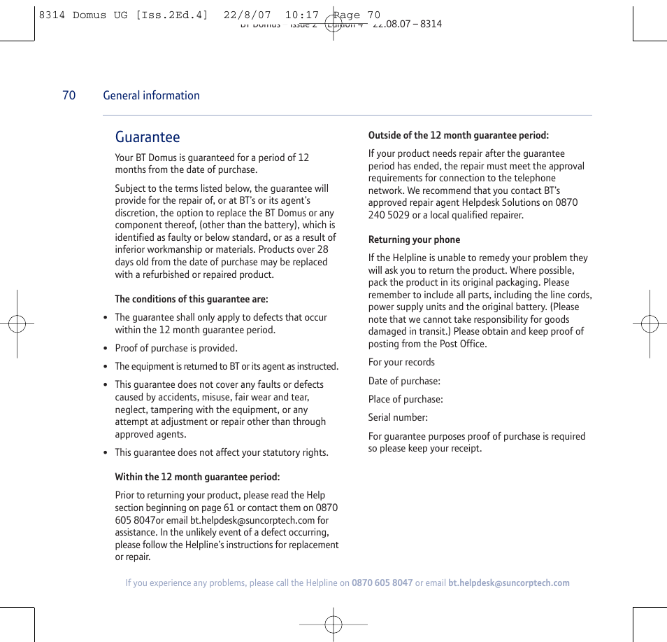 Guarantee | BT Domus User Manual | Page 70 / 72