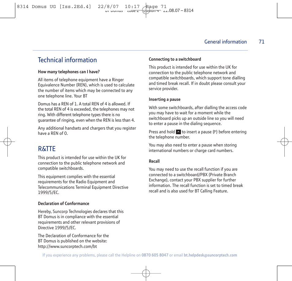 Technical information, R&tte | BT Domus User Manual | Page 71 / 72
