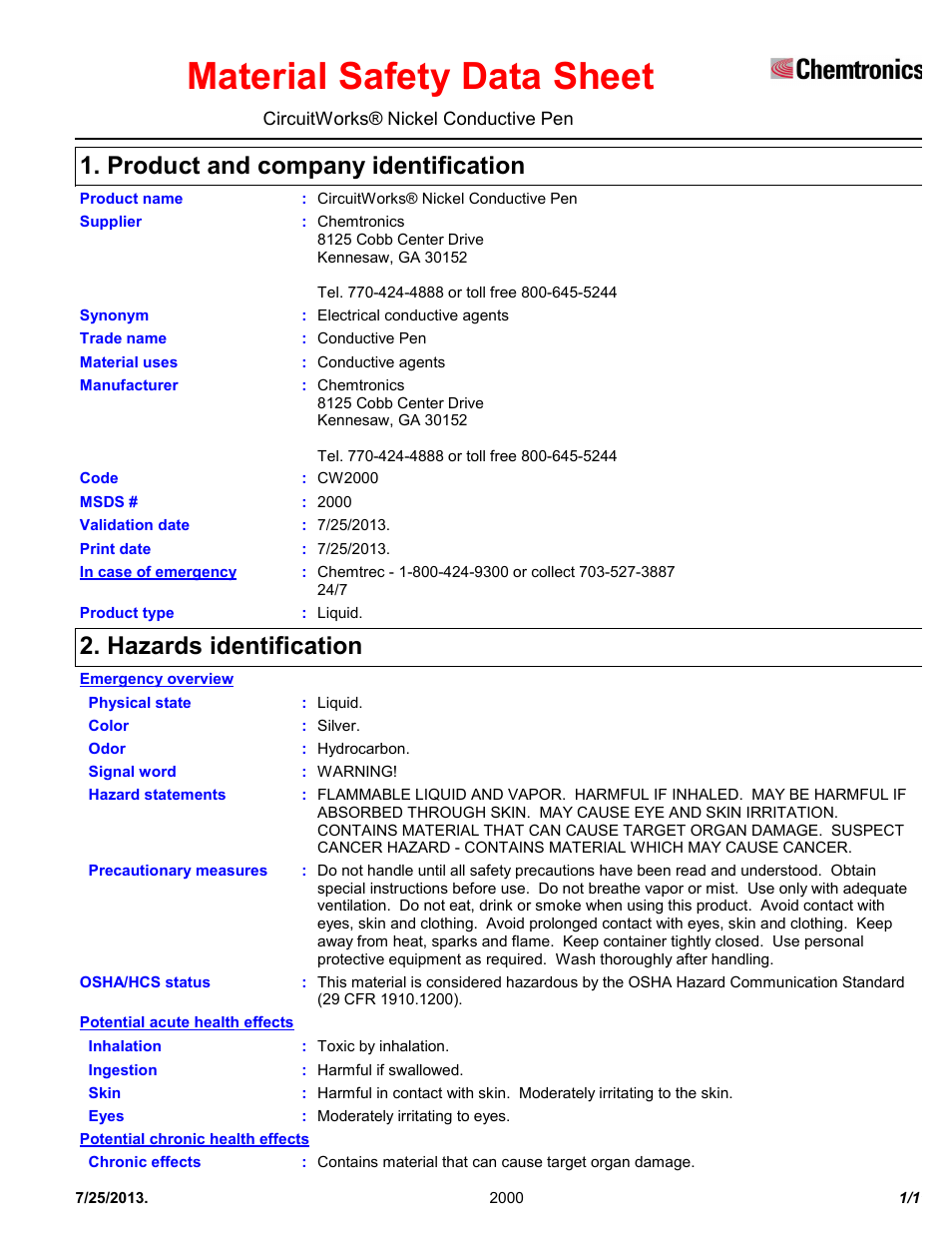 Chemtronics CircuitWorks® Nickel Conductive Pen CW2000 User Manual | 11 pages