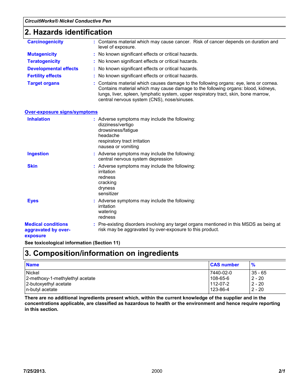 Hazards identification, Composition/information on ingredients | Chemtronics CircuitWorks® Nickel Conductive Pen CW2000 User Manual | Page 2 / 11