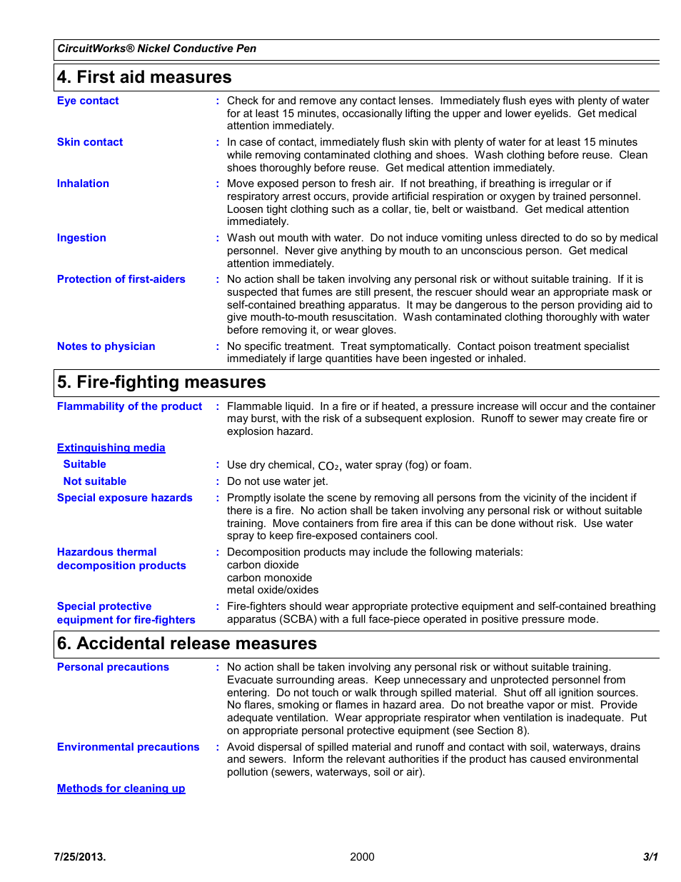 First aid measures, Fire-fighting measures, Accidental release measures | Chemtronics CircuitWorks® Nickel Conductive Pen CW2000 User Manual | Page 3 / 11