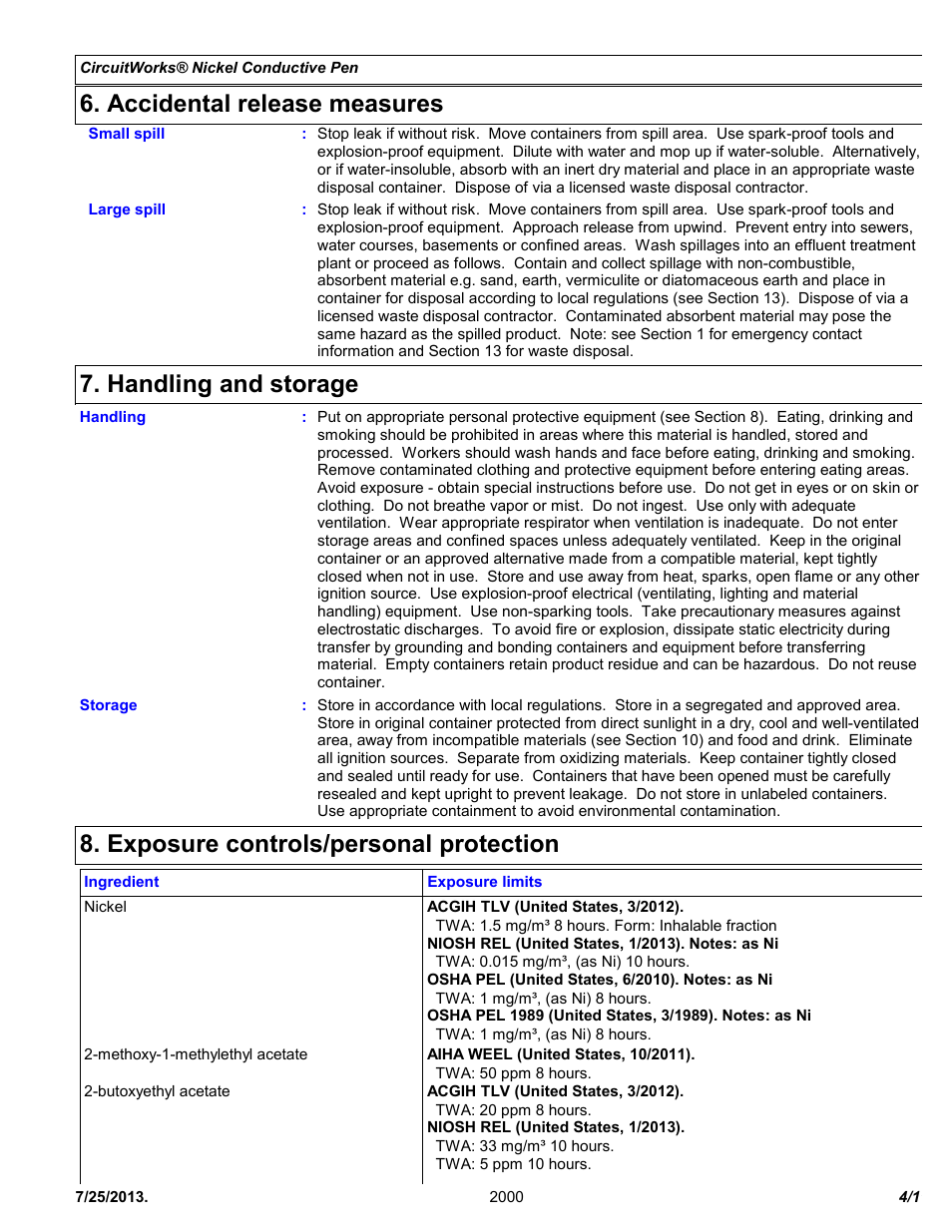 Accidental release measures, Handling and storage, Exposure controls/personal protection | Chemtronics CircuitWorks® Nickel Conductive Pen CW2000 User Manual | Page 4 / 11