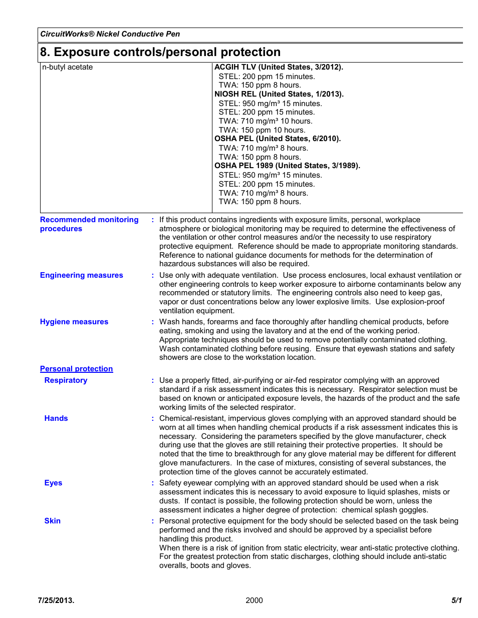 Exposure controls/personal protection | Chemtronics CircuitWorks® Nickel Conductive Pen CW2000 User Manual | Page 5 / 11