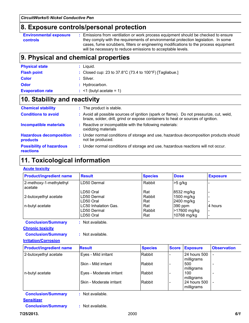 Exposure controls/personal protection, Physical and chemical properties, Stability and reactivity | Toxicological information | Chemtronics CircuitWorks® Nickel Conductive Pen CW2000 User Manual | Page 6 / 11