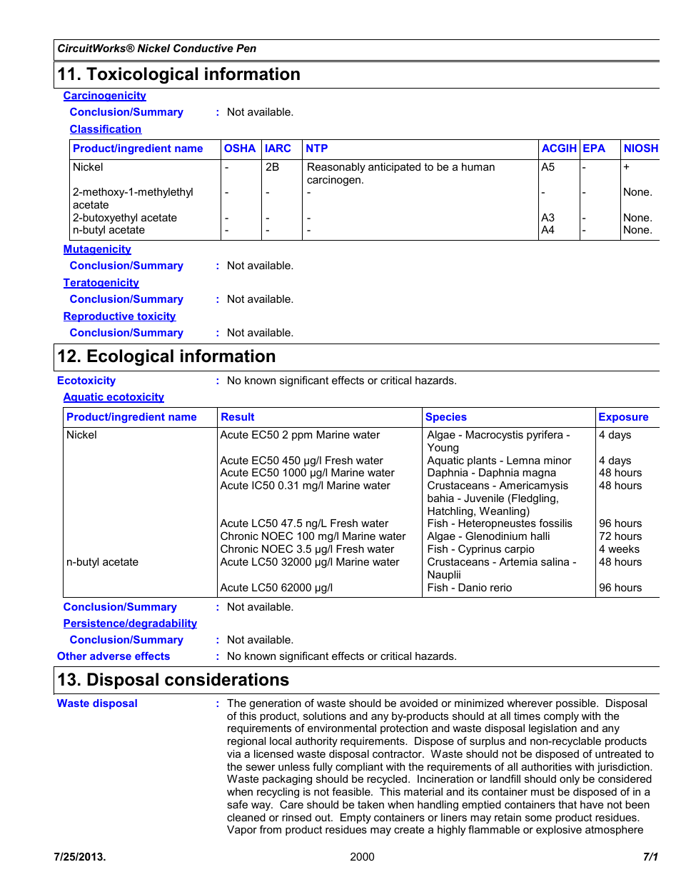 Toxicological information, Ecological information, Disposal considerations | Chemtronics CircuitWorks® Nickel Conductive Pen CW2000 User Manual | Page 7 / 11