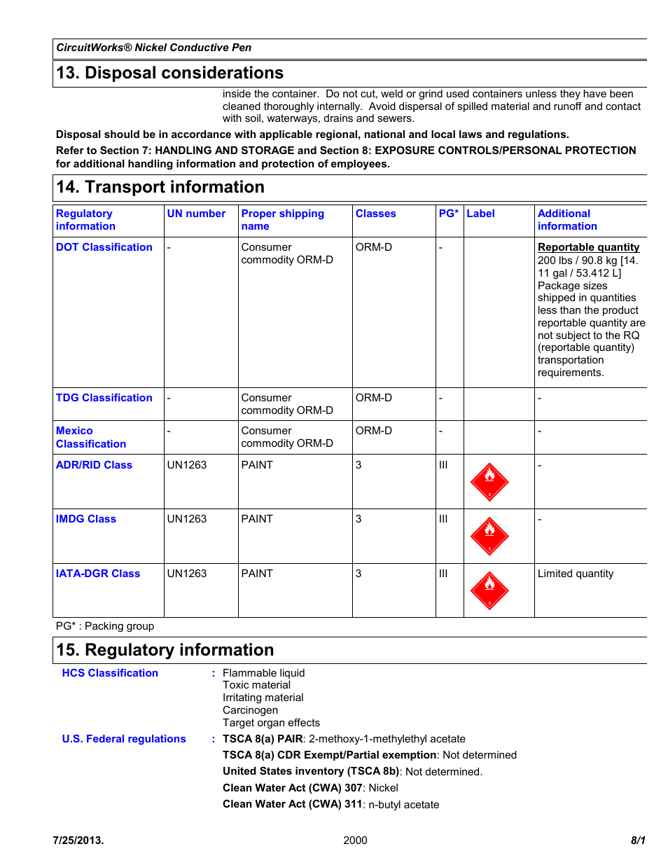 Disposal considerations, Transport information, Regulatory information | Chemtronics CircuitWorks® Nickel Conductive Pen CW2000 User Manual | Page 8 / 11