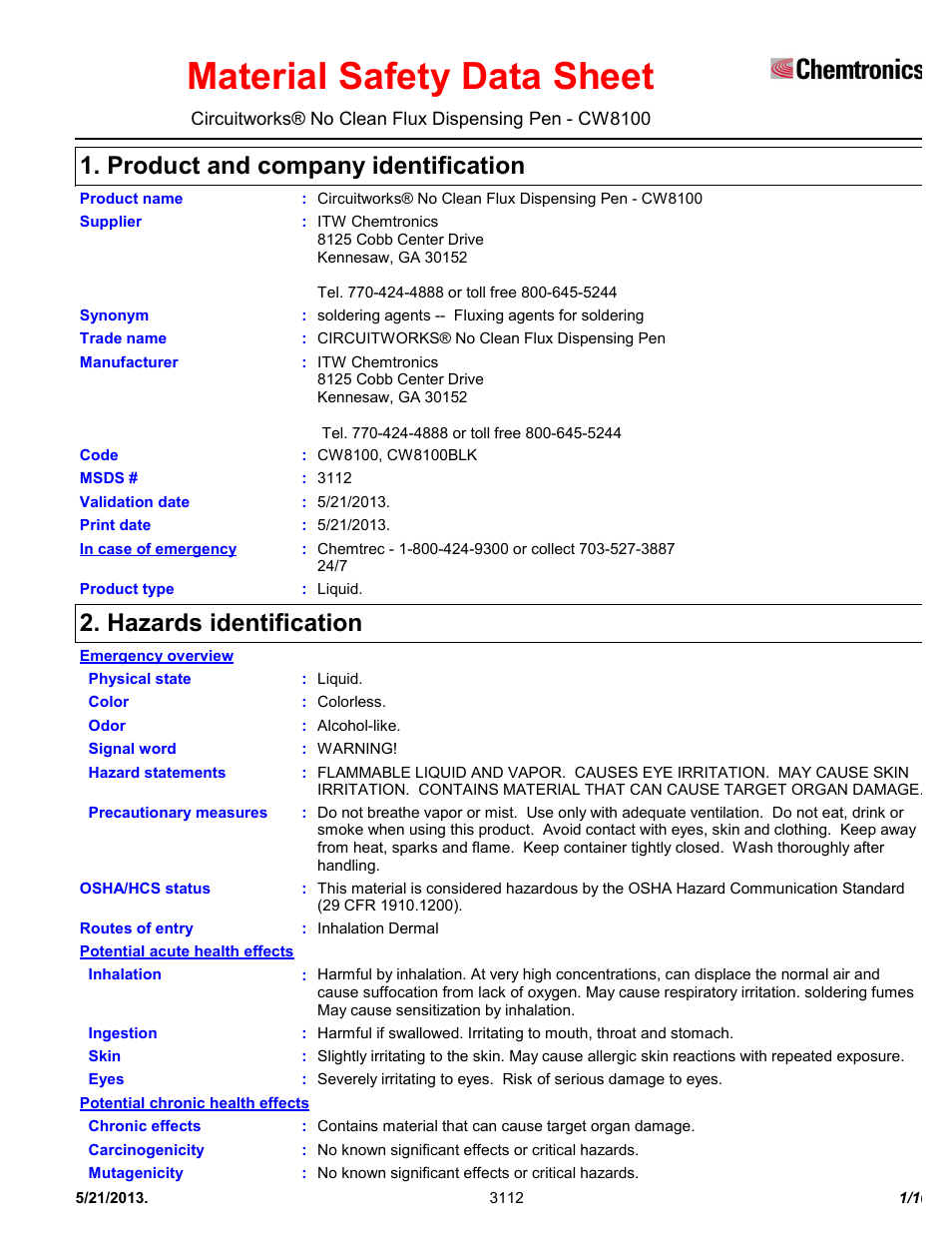 Chemtronics CircuitWorks® No Clean Flux Dispensing Pen CW8100 User Manual | 10 pages