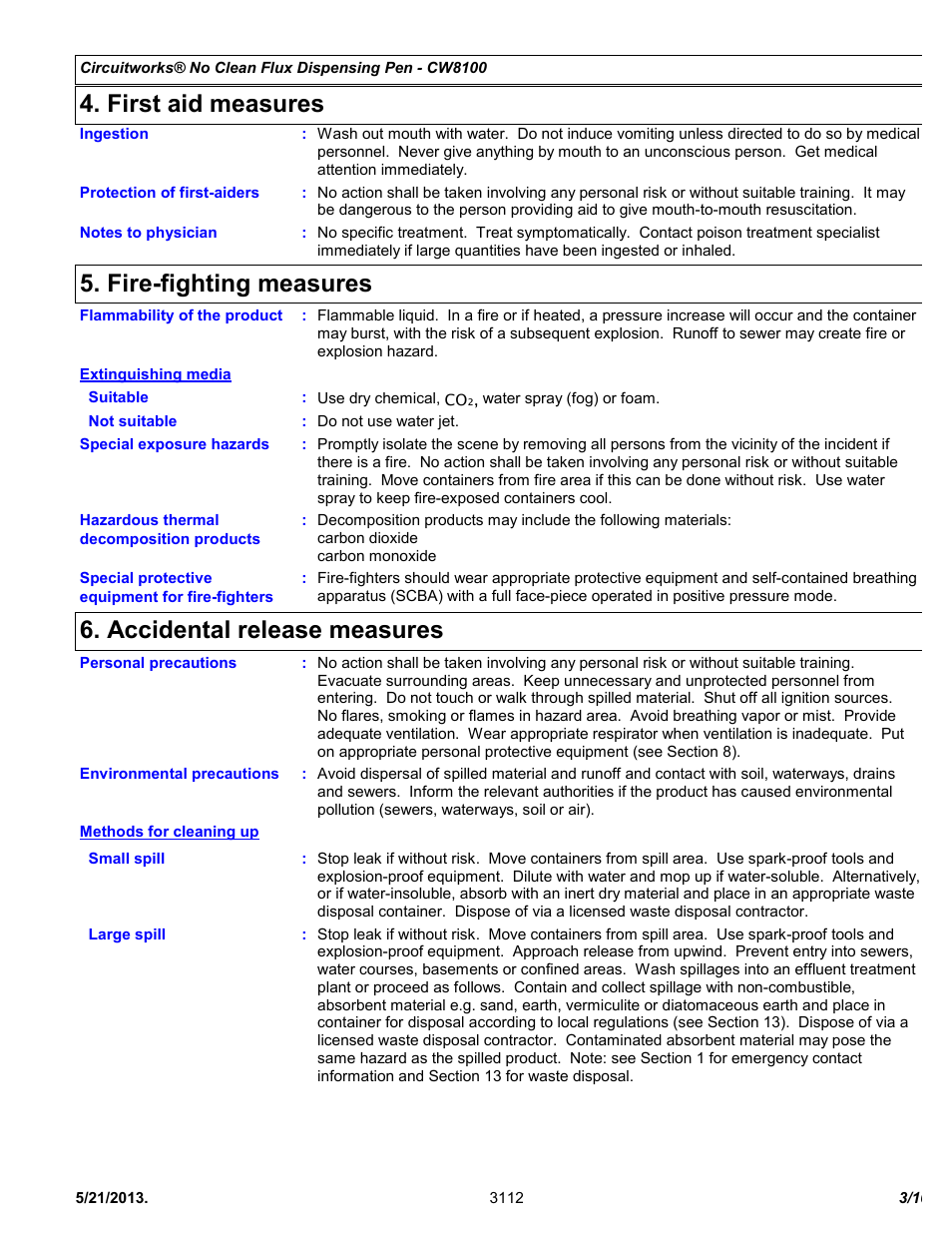 First aid measures, Fire-fighting measures, Accidental release measures | Chemtronics CircuitWorks® No Clean Flux Dispensing Pen CW8100 User Manual | Page 3 / 10